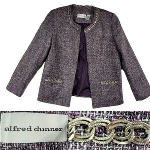 10 ALFRED DUNNER Boss Babe purple metallic chain link trim tweed blazer jacket L